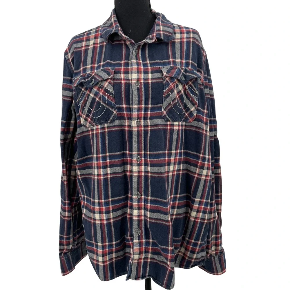 True Religion Mens Plaid‎ Flannel LS Utility Shirt Navy Red XL SVY974ZL01815
